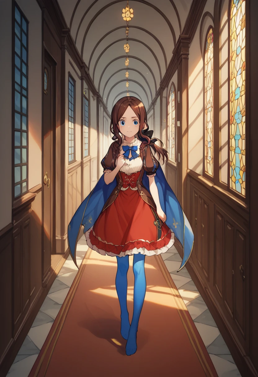 One girl, blue eyes, Long Hair, Brown Hair, Side Lock, Low Ponytail, ribbon, dress, White shirt, Puffy sleeves, Short sleeve, Red Skirt, Cape, Blue Pantyhose, Hallway with many doors,Ajar door
