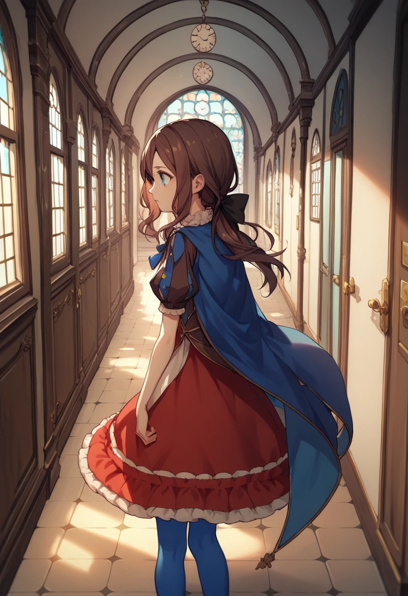 One girl, blue eyes, Long Hair, Brown Hair, Side Lock, Low Ponytail, ribbon, dress, White shirt, Puffy sleeves, Short sleeve, Red Skirt, Cape, Blue Pantyhose, Hallway with many doors,Ajar door