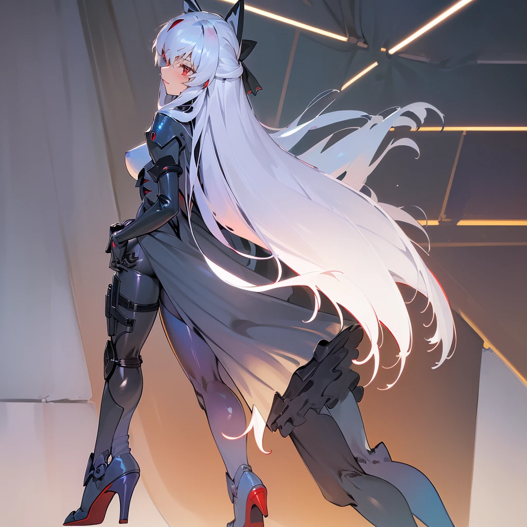 ((detailed), high_quality, master_quality, (realistic), (back), wet, 8k, masterpiece, (Tokarev), silver_hair, long_hair, red_eyes, sexy, slim_figure, (fortified_suit), bodysuit, (Cryska Barchenowa), high_heels, pistol_on_th_hip, dynamic_lightning, villain