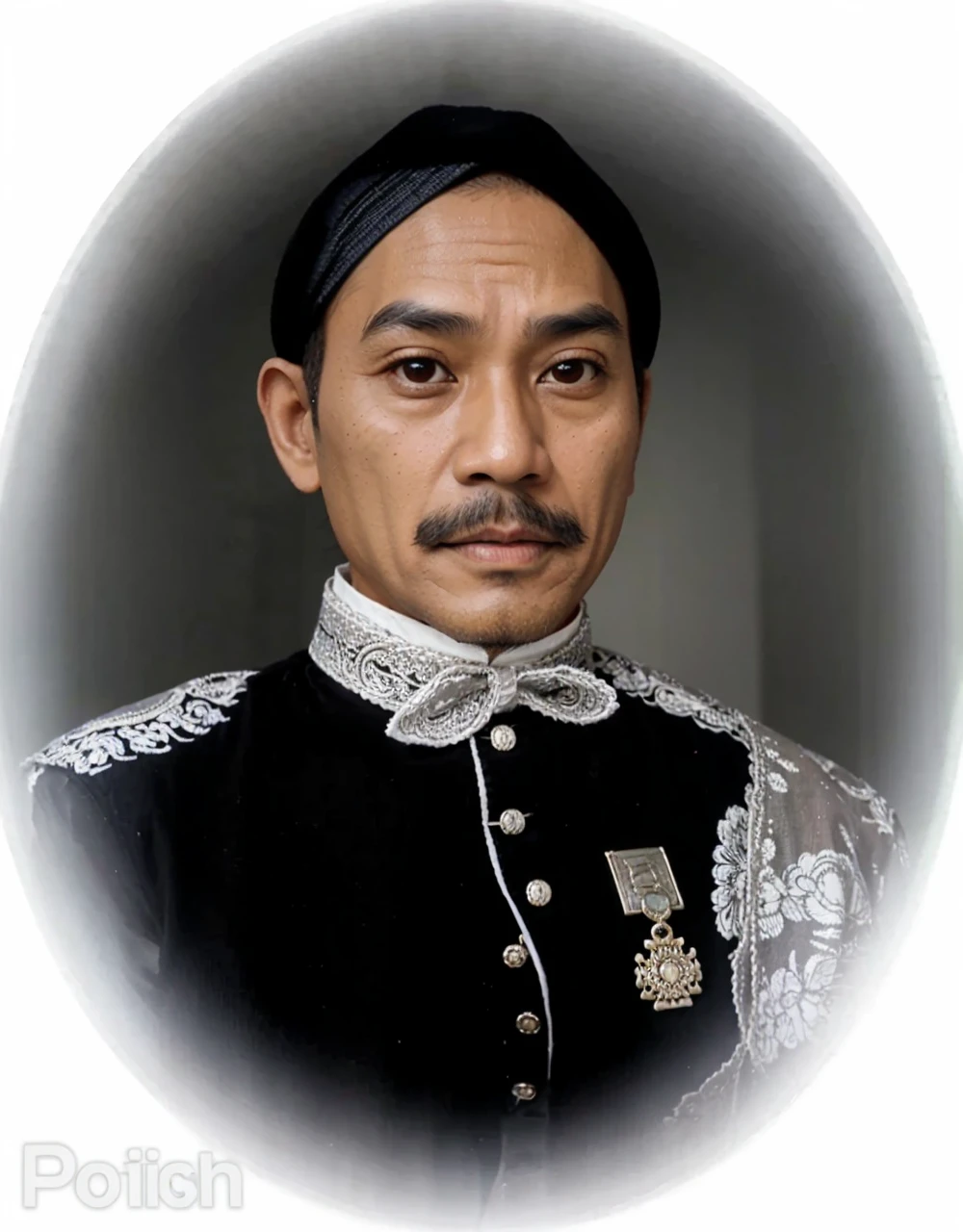Indonesian Muslim man, wearing kanigaran type clothes with the nuances of a great king and blangkon type headgear, naturally wrinkled brown skin, aged 40 years or above, clear clean eyes, natural long eyebrows, thin mustache, closed mouth, realistic HD quality image.