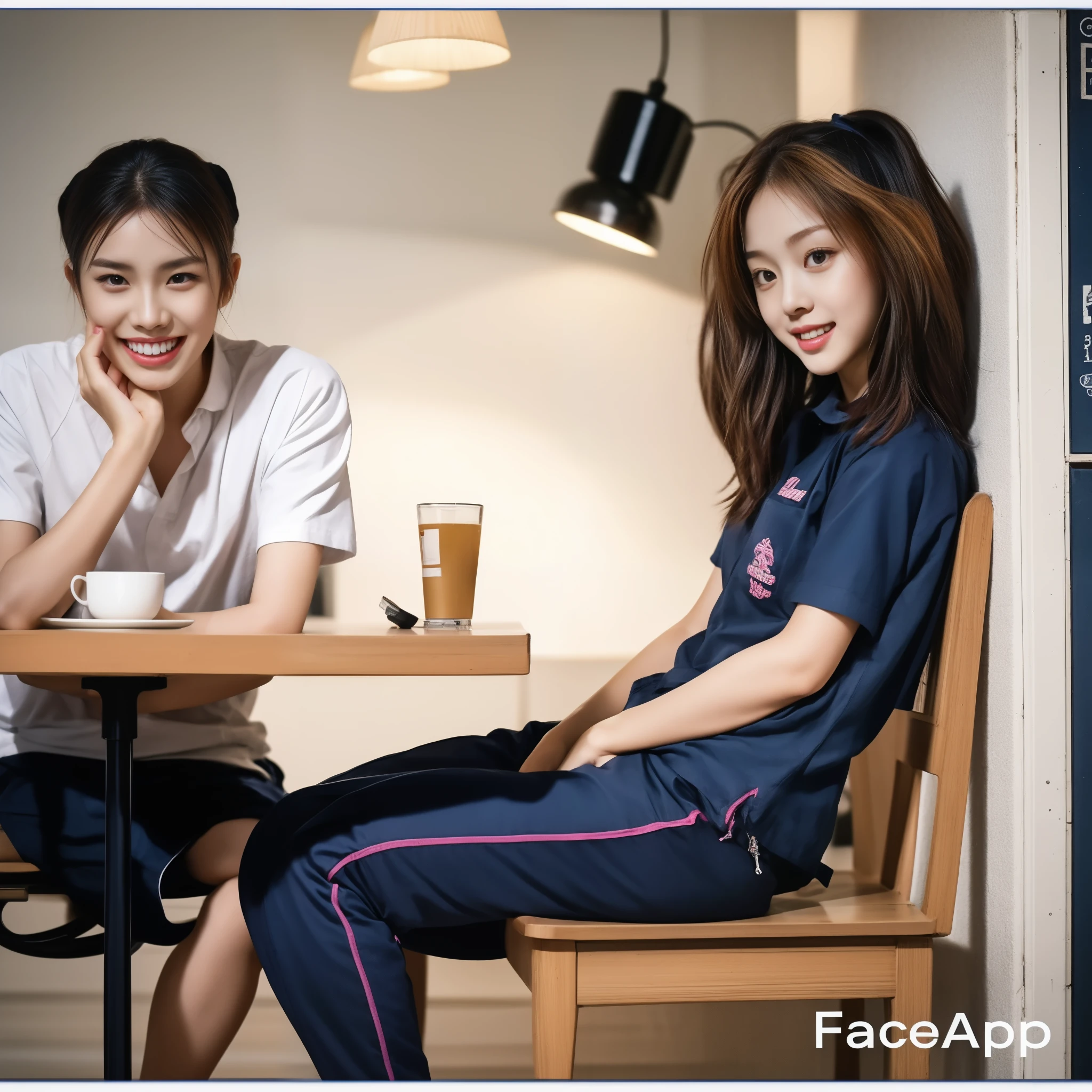 (best quality,10,10,height,Masterpiece:1.2),Special details,(realistic,Realistic picture,Realistic photos:1.37),1 Cute girl in the kitchen,shiny, skin shiny,only,smile softly,BDclothelue shirt:1.3)),short sleeve,shirt, Long pants.,(navy_long_track pants:1.1), ((Kitchen Background)),Dynamic angle,excited,Face focus,dynamic poses,from behind,focus on ass,Masterpiece, best quality, ultra realistic, Too many details, 8k resolution, raw photos, Sharp focus, ((Navy blue shirt:1.1)), short sleeve, long route, perfect body, 2 mature women, 18 years old, Cinema-grade lighting system,blue sweatpants,exercise cloth,correct anatomy,perfect body, correct body, Sharp face, Correct body anatomical, full body, realistic gestures, long-haired, realistic poses,Wear long shorts...........................,The legs are long.,Good shape,carved girl, Slender figure, model, Good shape, beautiful body,blue sweatpants, two girls kissing