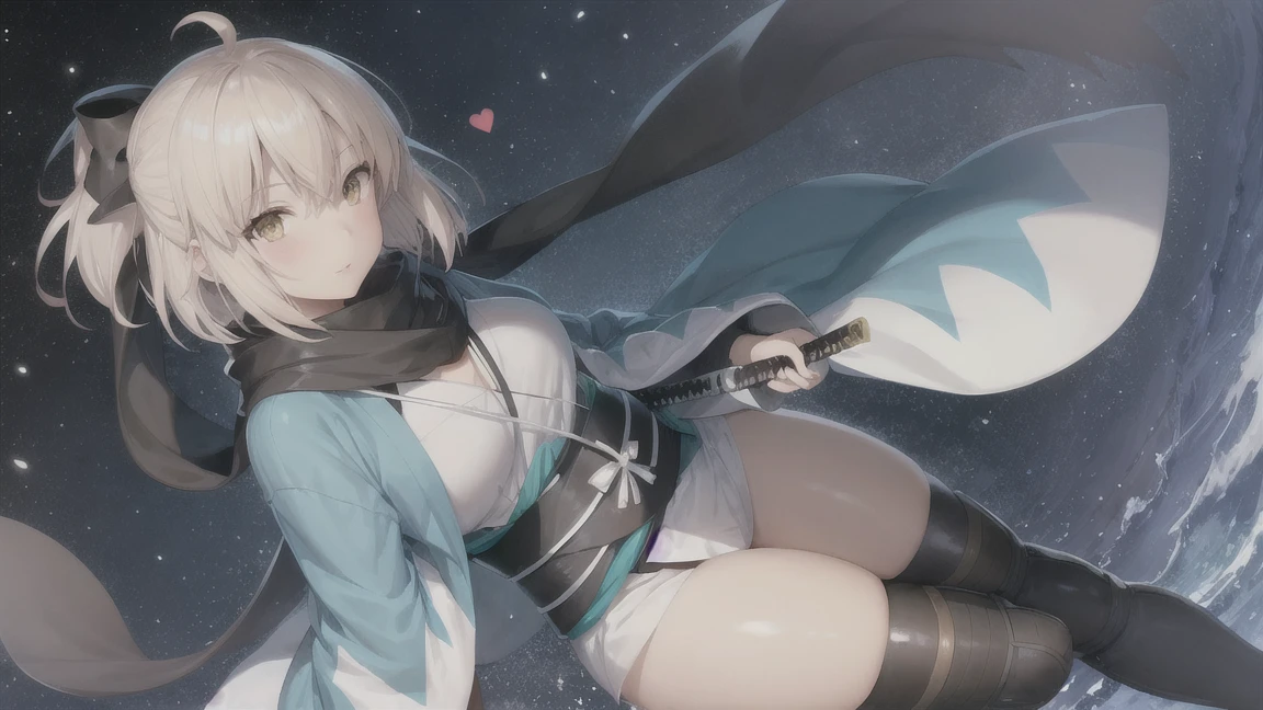(Highly detailed CG), (Highest quality), Perfect Face, Shiny skin, Shiny skin,Wide Hips, One girl,alone , okitasouji,Arm guard,Wide sleeves,Toeless legwear,bangs,heart, white kimono, Shinsengumi, Black thighs, Yellow Eyes,Knee socks , short kimono, Haori, black bow, black scarf, short hair, Ahoge, scarf, Blonde, hairbow,bow, kimono,kimono,