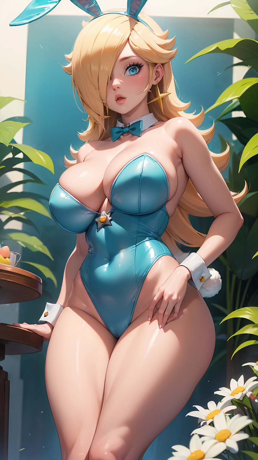 (best quality). (Ultra Detalhado). (1girl), Olhando para o Viewer. (Antecedentes detalhados). belos olhos detalhados. rosto delicado e bonito. (high saturation), seios grandes, droopy breasts, (((sexy cleavage))), (((sexy legs))), (((shiny skin))), (((breasts Focus))), (((off shoulders))), (((blue bunny lingerie))), (((fake animal Bunny ears)))