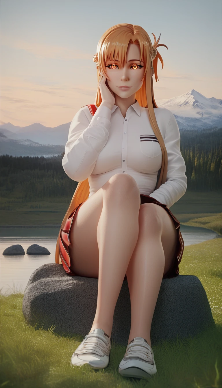 Fraction_9, Fraction_8_up, Fraction_7_Direction_6_up, Uncensored, Asuna Yuuki from Sword Art Online, Orange Hair, fold, Weaving, Long hair, Orange eyes, rest (masterpiece:1.2), best quality, high resolution, (Delicate eyes:1.3), Perfect lighting, (Perfect hands, perfect anexistomy),1 Girl, Grass, Solitary, onlyfoot, sit, breast, Mountain, Sunset, skirt, only_Shoulders, outdoor, Watching_exist_Viewer, leave_Shoulder, site, Sky, lake, clavicle, Mountainous_horizon, India_style, twilight, Tree, Black_skirt, Large target_breast, landscape, Moderate_breast, foot, leave-Shoulder_skirt, rock, 