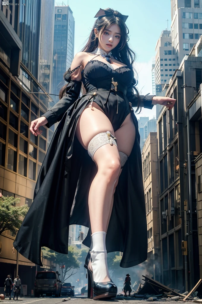 The building collapses、Urban hustle and bustle、Traffic jam、City of Rubble、street tree、((((Azur Lane Cheshire))))、Maid clothes、Super huge breasts、Plump thighs、Ground View,City of Giants,500 foot tall giant girl,skyscraper,Has super long legs,Step into the crowd,There are many people on the street,Knee-high socks,She has waist-length black hair,Wear Mary Jane heels,A happy look,Standing on the ruins,Beautiful appearance,Exquisite makeup,quality,8K,高quality,Perfect Proportions, Cinema Lighting,Film Grain,The Colors of Fuji,8K,Textured skin,Super Detail,High detail,high quality,High resolution,explode,False Smile,Show your pants