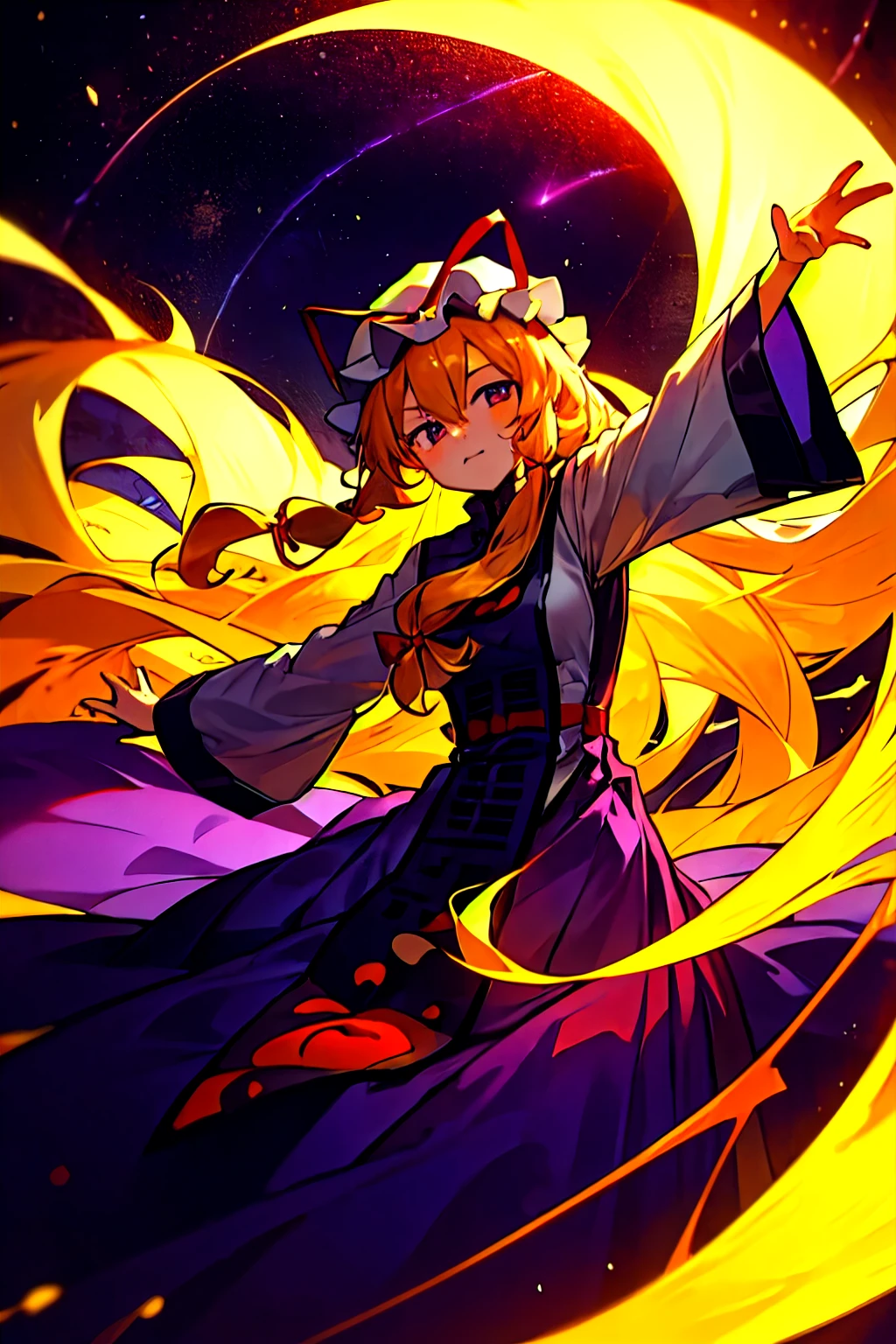 masterpiece, 最好of质量, 1 Girl, 独自of, Long blond hair，yakumo yukari opens his arms，身后是无数of星星，of