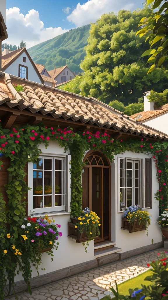 Close-up of a window of a bungallo (villa), view from the outside, semi-realism, 2.5D, 4K quality, one single medium size window, through which we can see a women silhuet