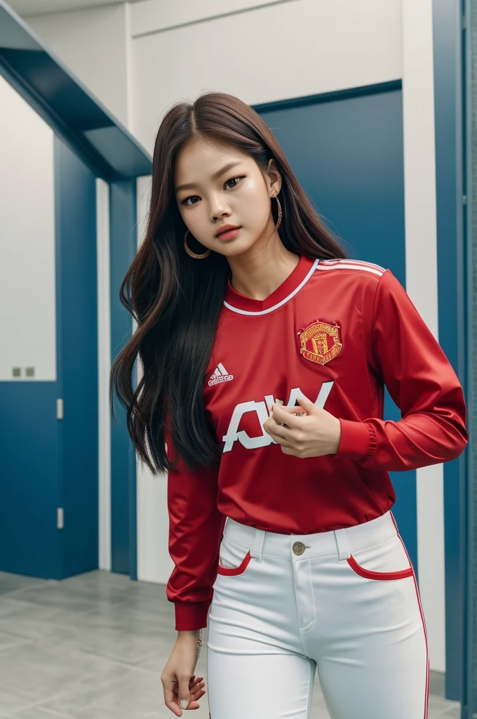 Karn Lukkun  จัดไป: Jennie from blackpink +Pretending to be  like a football player siuuu evil beauty safe indie under the eyes korean woman kpop idol, Running, clenching fists with on the world cup competition football field + wearing a red long Manchester United long-sleeved shirt AIG number7+ white pants