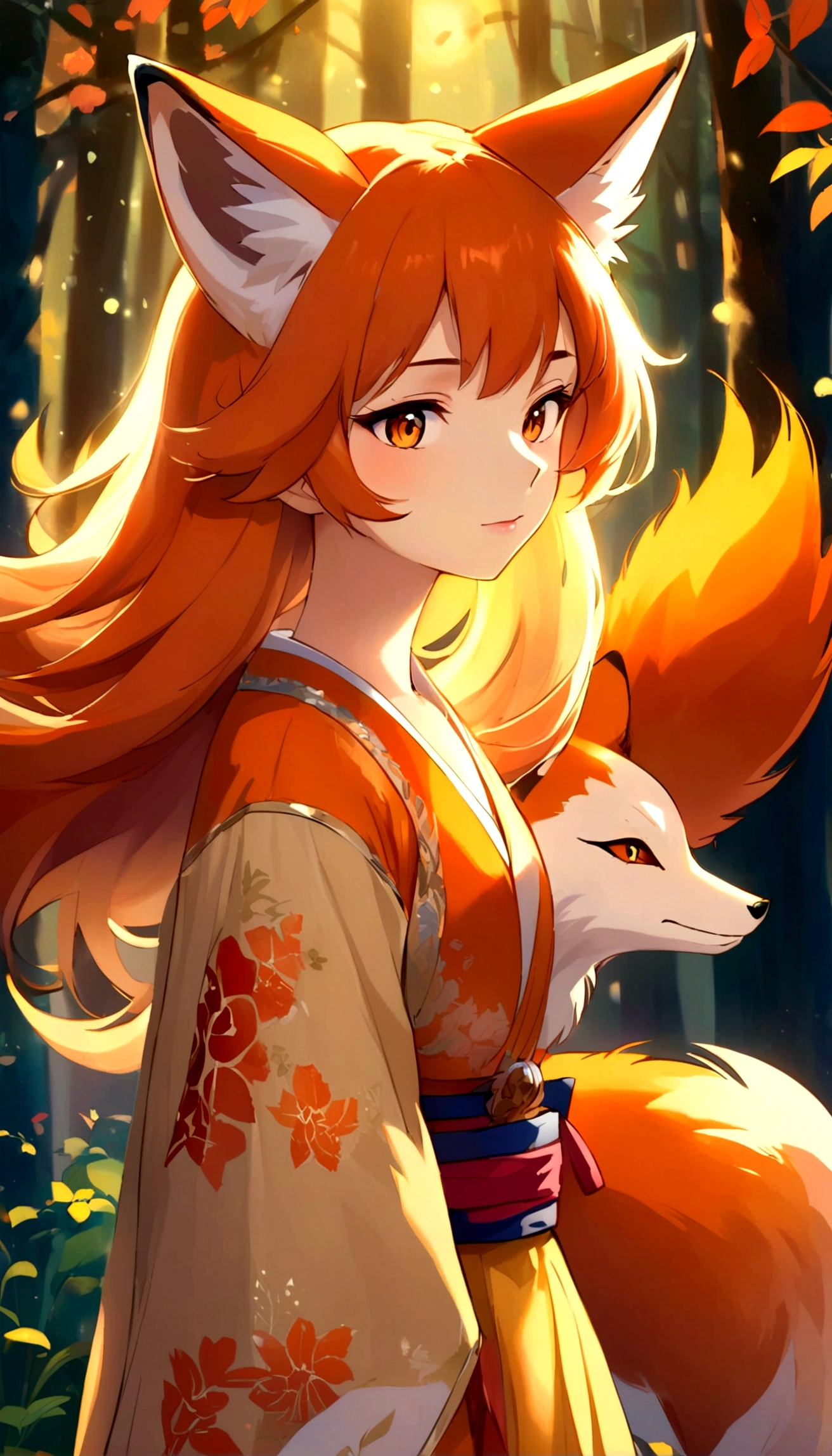 Enchanting fox witch standing alone、Illuminated by an 8K ultra-detailed masterpiece。She has a sense of community that embodies unity..、It is depicted in a beautiful and aesthetic setting..、It represents a masterpiece of the highest quality。 She is wearing a traditional haori coat.、Decorated with intricate patterns that shimmer under the magic of the mystical foxfire。Fox Mask, A symbol of her glamorous identity, hanging from her shoulders.、Its fur shines with the soft hues of the setting sun..。 Her transformation is visible in her profile..、Her slender figure、accentuated by her tall posture.、She summons her fox familiar