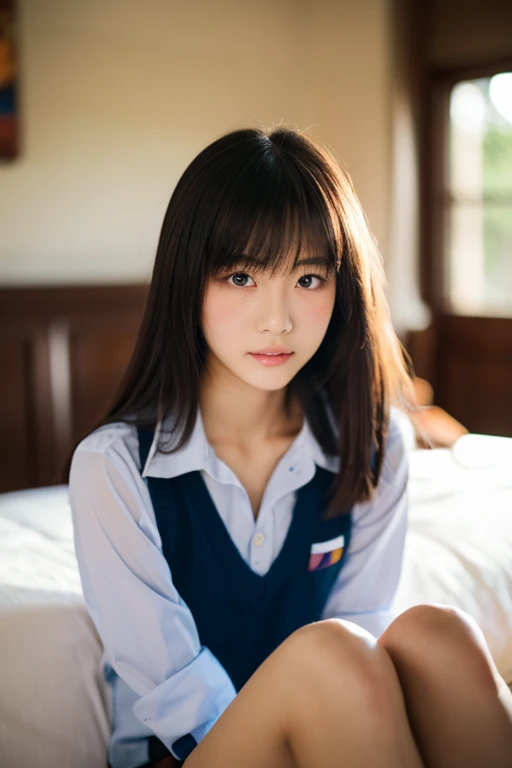 lens: 135mm f1.8,(Highest quality),(Tabletop:1.1), (Beautiful 16 year old Japanese girl),  (Moist lips), Narrow eyes, double eyelid,Delicate clavicle,Flat Chest,Shortcuts,
 (Let me&#39;Let&#39;s take another look), (close:1.4),  shame, A faint smile,
(Spotted sunlight:1.2), Dramatic lighting, 
(Taking off school uniform), (Sunburned skin:0.2),Full body photo、Full Body Focus、Sitting on the floor with legs apart