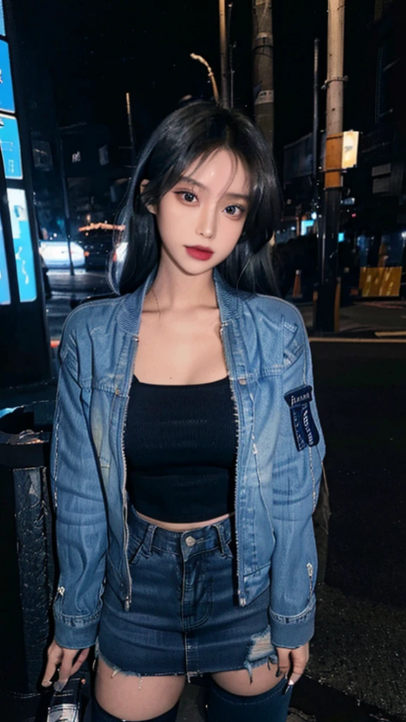 City at night,A woman with a perfect figure wearing a blue denim bomber jacket,Black tube top,Blue denim miniskirt,Black high heels,Close-up shot of posing,Full body close-up,Highly detailed face and skin textures,Detailed eyes,Double eyelids,Full body close-up