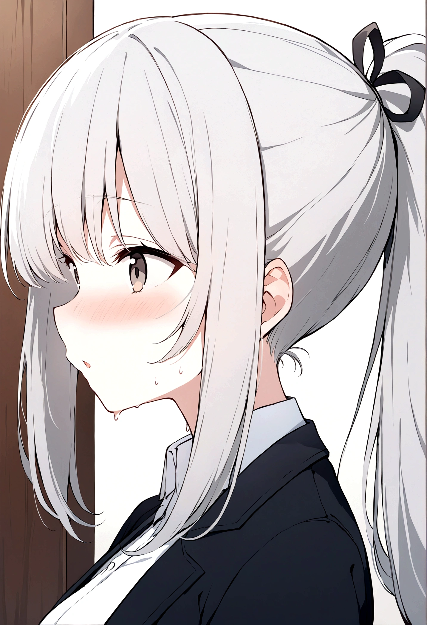 slender, mature female,1girl, blush, solo, sweat, nose_blush, eyebrows_visible_through_hair, bangs, open_mouth, grey_eyes, grey_hair, long_hair, portrait, profile, indoors, brown_eyes, hair_between_eyes, ponytail, jacket, collared_dress, black_ribbon, shirt, parted_lips, :d, dress