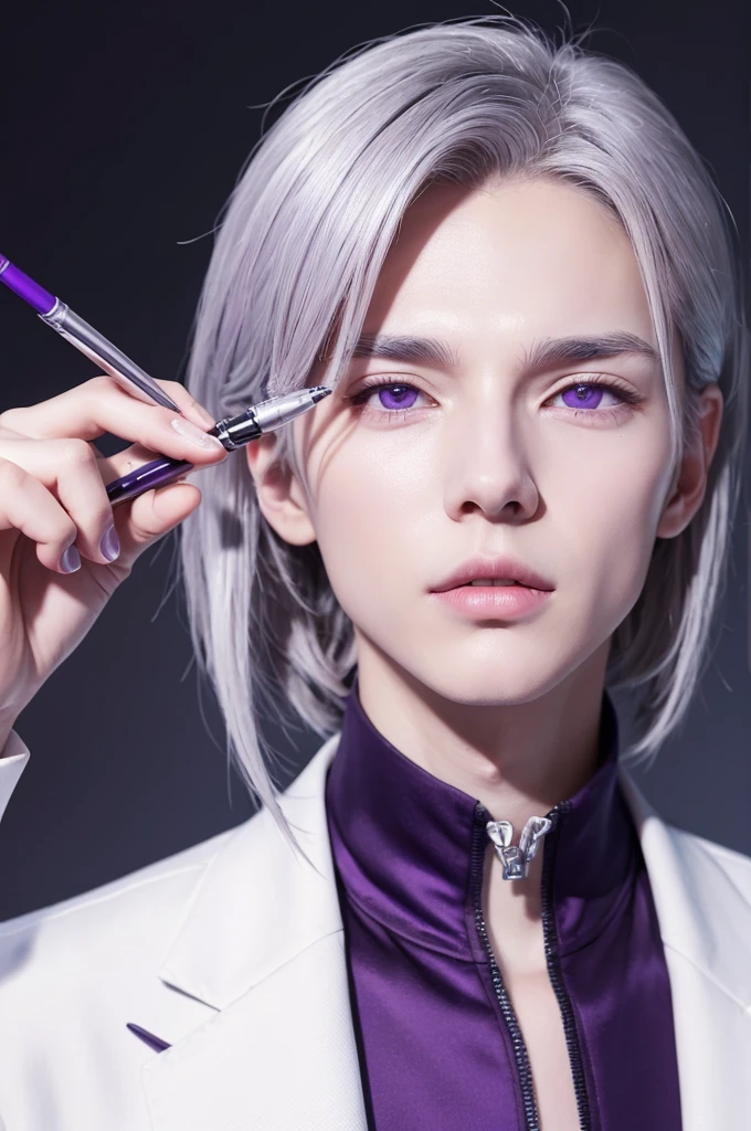 Gentle boy handsome
slender
slender
Silver hair
Purple eyes
Cyber lab
Laboratory of the dark future
white coat
Chewing on a pen
Bite a ballpoint pen with your teeth
Thinking through the material
Animated illustrations