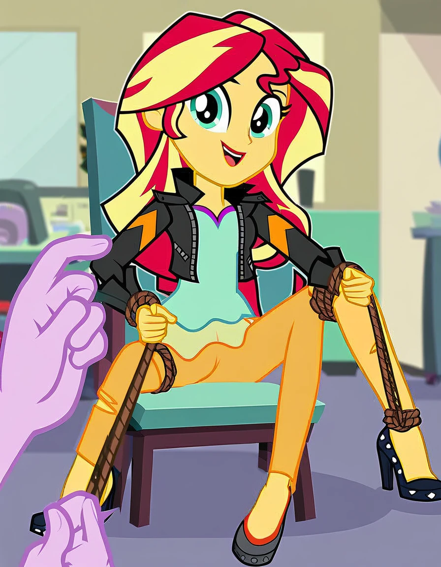 score_9, score_8_up, score_7_up, score_6_up, cartoon, human, equestria girls, sunset shimmer, starlight glimmer, duo female, male pov, chair, ropes trapped, vector, show accurative, light colors, cartoon, Sunset and Starlight stand in front of a bound male pov who is sitting in a chair. Sunset and Starlight are wearing miniskirt, high heels and zippered jackets. They are also wearing lipstick and painted eyelids. Male pov is tied. Male POV has her lower body tied to a chair. The hands are on the arm of the chair and are tied. Sunset and Starlight stand in front of a tied up male pov. Sunset and Starlight are smiling, looking at you