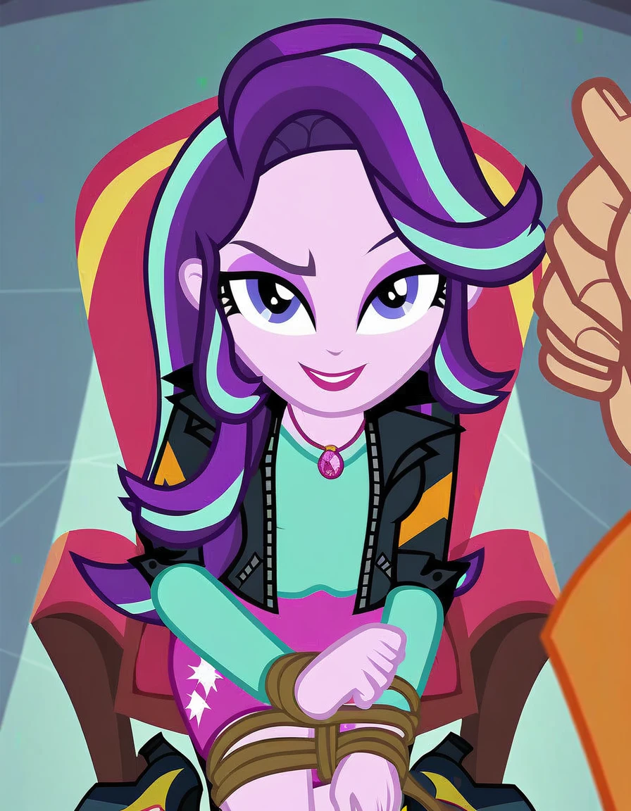 score_9, score_8_up, score_7_up, score_6_up, cartoon, human, equestria girls, sunset shimmer, starlight glimmer, duo female, male pov, chair, ropes trapped, vector, show accurative, light colors, cartoon, Sunset and Starlight stand in front of a bound male pov who is sitting in a chair. Sunset and Starlight are wearing miniskirt, high heels and zippered jackets. They are also wearing lipstick and painted eyelids. Male pov is tied. Male POV has her lower body tied to a chair. The hands are on the arm of the chair and are tied. Sunset and Starlight stand in front of a tied up male pov. Sunset and Starlight are smiling, looking at you