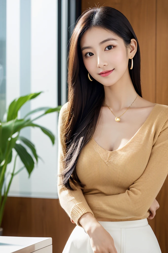 company office,executive secretary,okinawa,((full body)),((photo)),((best qualtiy, 8K, tmasterpiece:1.3)), Focus:1.2, perfect figure beautiful girl:1.4,1girl,cowboy shot,look at viewer, eyes facing the camera,incredibly absurd, beautiful and cute girl with a photorealistic face, showcasing top-quality craftsmanship, Japanese woman working in an office, 22 years old, hairstyle is black bob hair, inward curling hair reaching the jaw line, thin and soft hair, wide forehead with beautiful hairline, thin eyebrows, large almond-shaped eyes, light brown eyes, long eyelashes, double eyelids, straight nose, small lips, smile with upturned corners, fair and translucent skin, plump cheeks, cute impression, glamorous, tall, well-balanced proportions, large E-cup breasts, beige V-neck knit, white tight skirt, heeled pumps, pearl necklace and earrings, small bag, gold watch, beautiful, pretty older woman, neat, serious, hardworking, kind, considerate, highly trusted by those around her, April