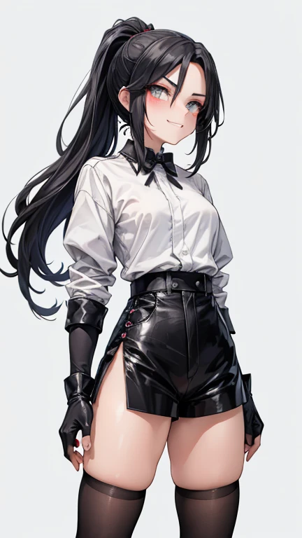 Adult features　tall　ponytail　Slit eyes　laugh at　Glare　frivolous attitude　Evil Face　White shirt　Black hot pants　Black long gloves　Black knee socks　grassland　profile