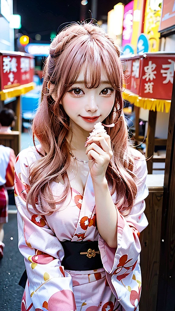 An anime-style illustration of the woman with long pink hair and E-cup breasts, wearing a yukata, enjoying a dessert like ice cream or shaved ice at the festival. She looks delighted, and the background shows more festival activities and lights.
