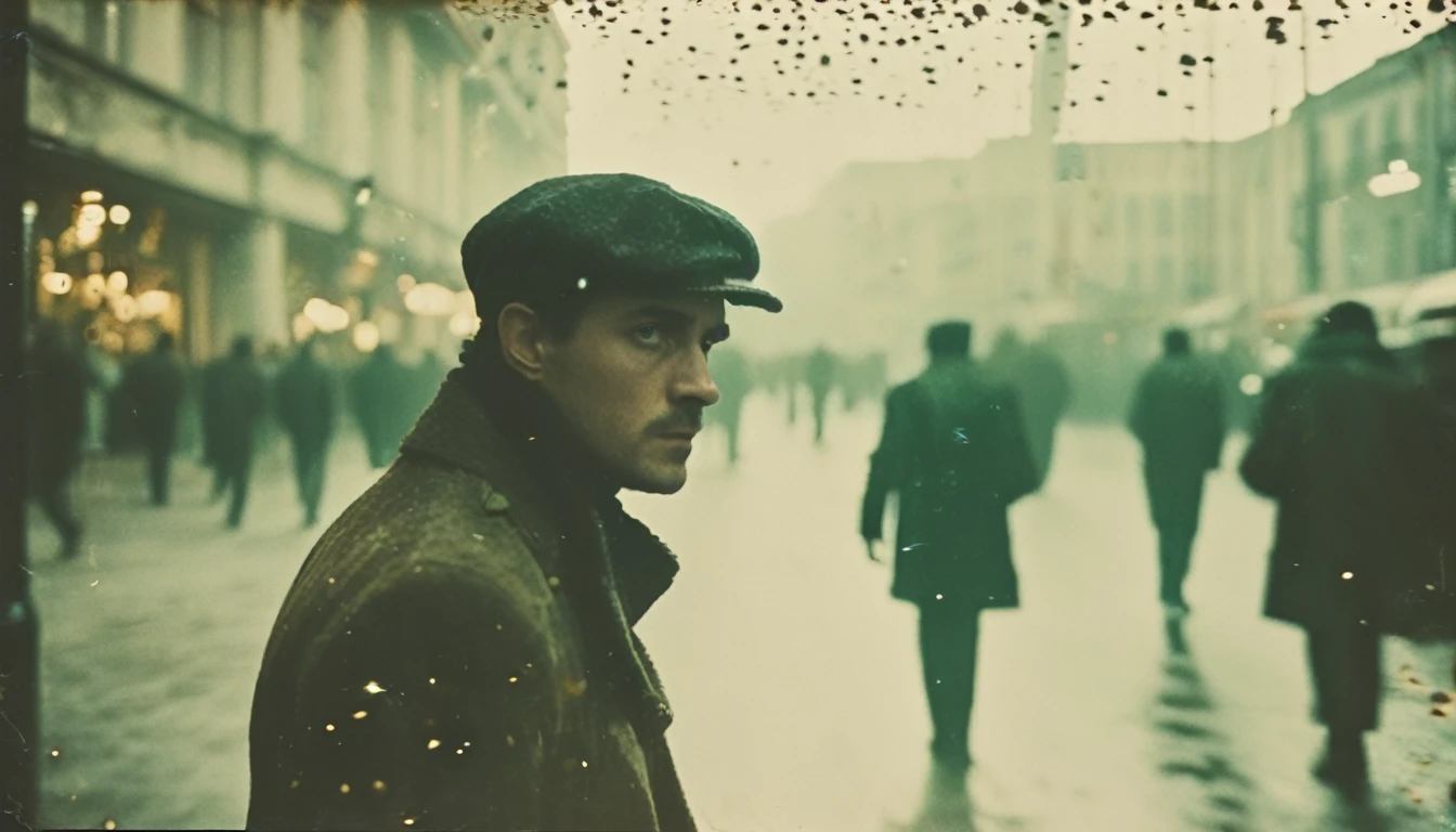 35mm vintage street photo of a man from future, walking in the street , confused , bokeh, professional
