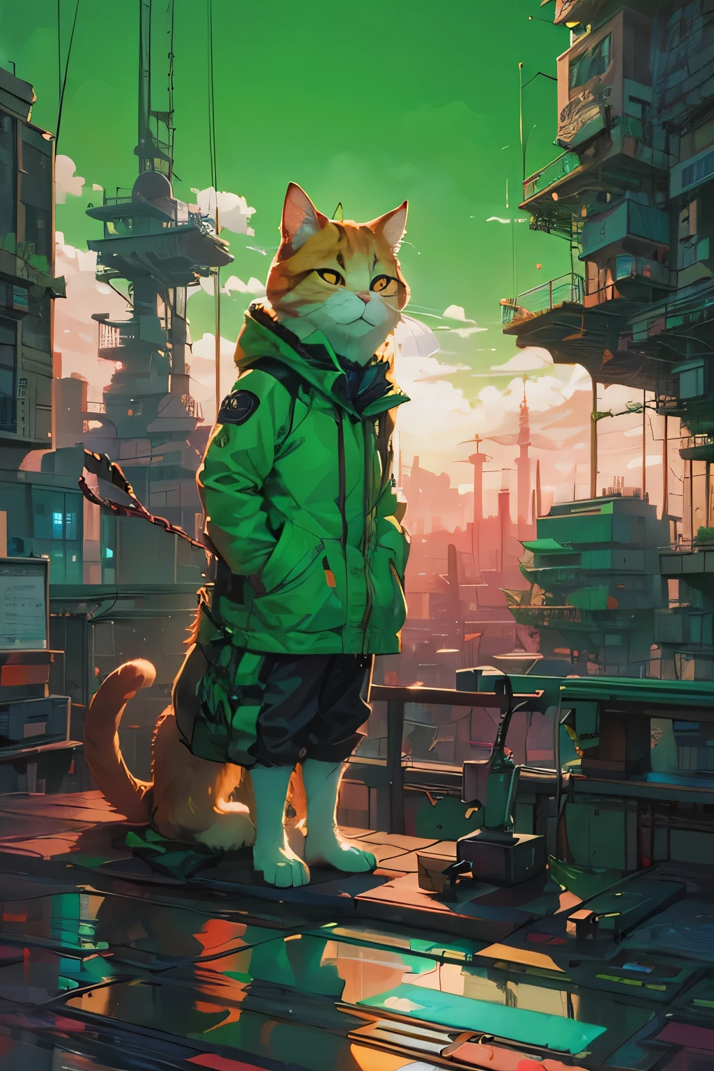 1 boy,(human:1.5),person standing on rooftop,about beauty,person standing on rooftop and Rookwood Studios Studio 2010 Anime Series, Square Enix Anime Decora Green Theme, Robotech style with red accents and a white cat on the left side., Artwork by Studio Ghibli, Makoto Shinkai, Argerm, Shinkai America, Portra 400, catboy 6 0 sec, Anime masterpiece, งานศิลปะโดย Artgerm และ Gregor Rutkowski และ Alphonse Mucha, Highly detailed, Volumetric light, 8K