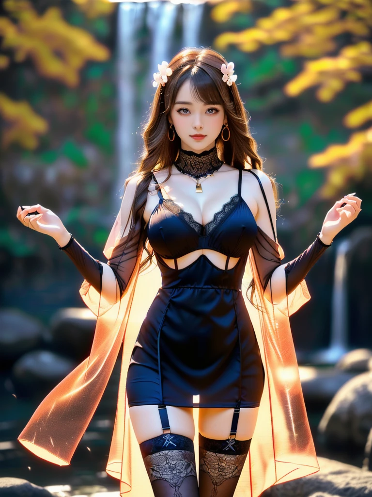 An Asian Chinese female model, (Waterfall Background), (8K Ultra HD, Digital SLR Camera, Soft Light, high quality, Volumetric Lighting, frank, photo, high resolution, 4K, 8K, Bokeh), ((Create stunning images of real girls), warm light, Dynamic poses, Elegant Posture, Cowboy lens, Full body front view, From the front，Be confident, Body facing the camera, Standing posture facing the camera, Open your legs slightly, Golden Ratio Graphics, Minimalism), (Show a charming smile, Willow Leaf Eyebrows, big eyes, Apricot eye prick, Cherry Blossom, Balanced Eyes, Oval face, Pretty Face, Normal facial features, Skin is transparent and visible, Thin skin and tender meat, cosmetic, earrings, bracelet, necklace, Jewelry, veil, Hair accessories), (Brown hair, Wavy curly hairstyle, Waist-length hair, Messy Hairstyle, Gradient hairstyles, Cyberpunk hairstyle), ((Transparent clothes：1.5), (The color of the clothes:Coral Red Nightdress, Mesh clothes, Fully transparent mesh maxi dress, Lace sexy lingerie), (Sexy, Perfect breast shape, Teardrop chest shape, Snow-white breasts, very detailed breasts, 34E cup), (Super high waist clothes, Chest hollow,(Camel toe, High fork strangulation)), (Black socks, Sheer lace knee socks, 吊garter, Leg ring, garter, 腿部garter)