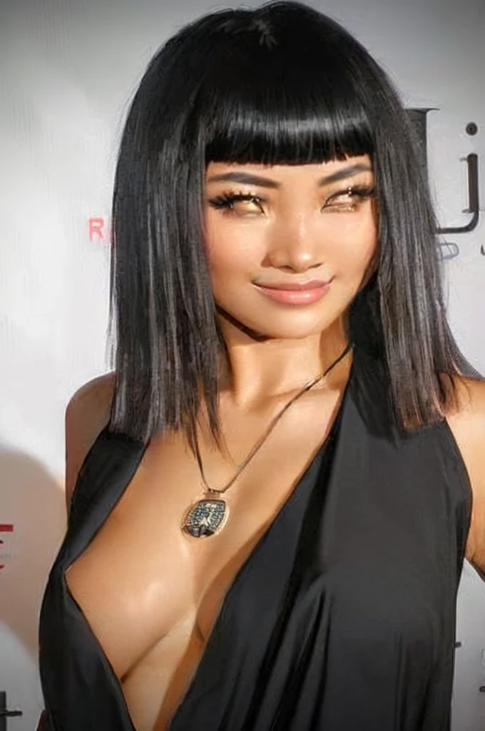 a close up of a woman with a very big breast posing for a picture, star trek asian woman, revealing clothes, she has black hair with bangs, side boob, wears a egyptian ankh necklace, black hime cut hair, sie boob, sultry smirk, revealing, revealing outfit, cleavage, her black hair is a long curly, asian female