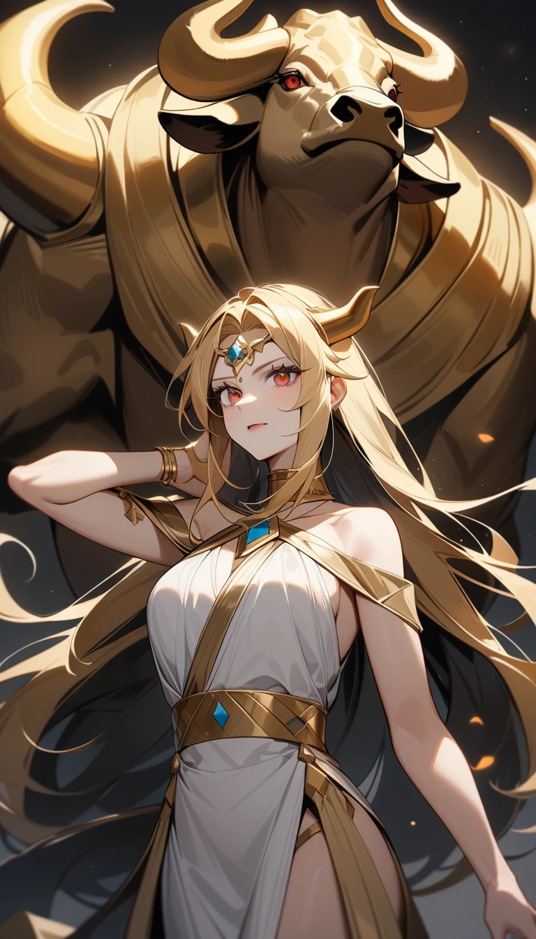 (Huang Li、high quality、Extremely detailed),Constellation - Taurus goddess,Giant golden bull,Woman stroking Taurus,Similar to Latin goodness,brave,capricious,Productivity,The face of enterprising and humanitarianism,Blonde hair,Ancient Greek costumes、Wrap Dress,The background is the universe,Crystal red eyes(Eyes Details),Powerful appearance