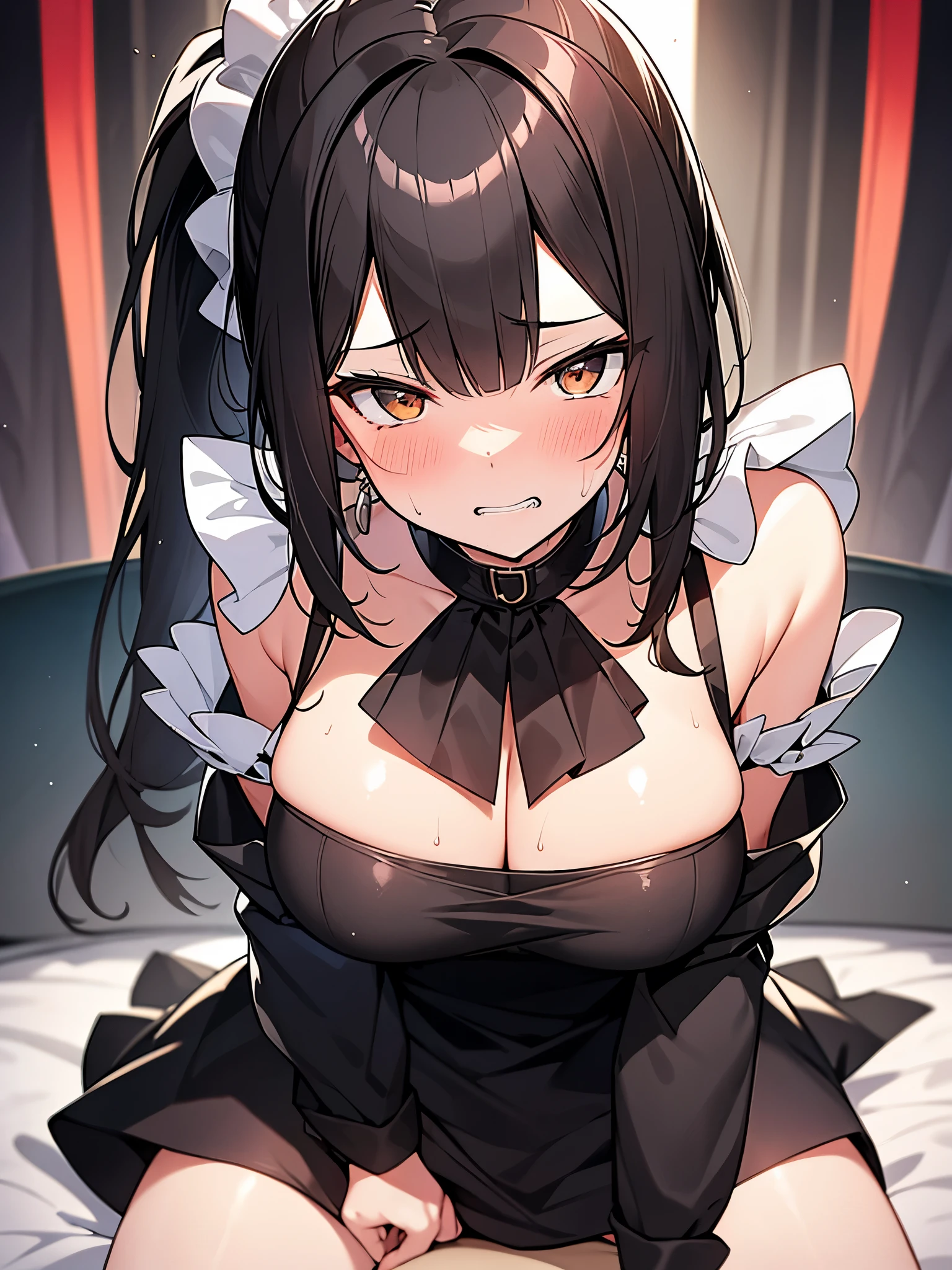 NSFW:1.3,The young wife is a former student council president、28-year-old female、naked:1.3,Riding on top of a man、night:1.3,Sweat:1.3,Flushed cheeks:1.3,humiliation:1.3,Cowgirl Sex:1.3,Angry face:1.3.Teeth grinding:1.3,Glare、Long black hair ponytail、Frill Scrunchie、Having intense sex:1.3.Spread your legs:1.3,The penis is inserted into the vagina:1.3,Wet:1.3,(Slit eyes、Brown eyes、tall、Big breasts)、On a black sofa、A cabaret club with flashy decorations:1.3,Maid clothes,sake