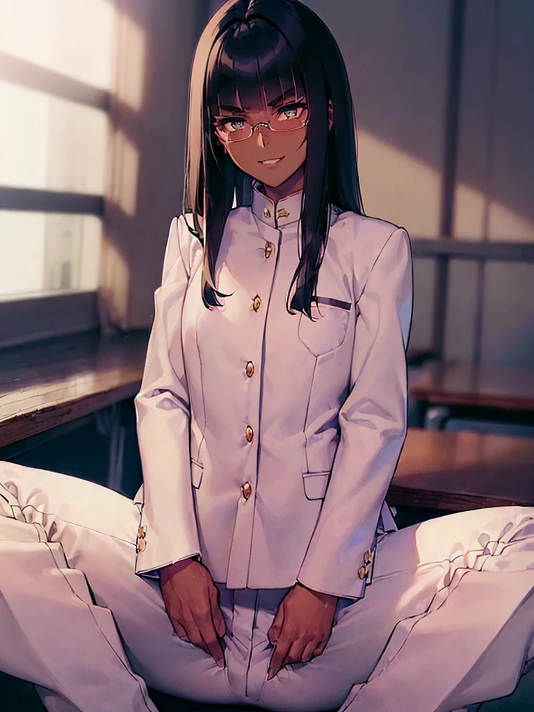 (1 girl solo),(dark skin:1.5),(masterpiece:1.2), highest quality, High resolution, unity 8k wallpaper, (fine and beautiful eyes:1.6), highly detailed face, perfect lighting, Detailed CG, (perfect hands, perfect ???????),20 years old, (black hair:1.3), detailed eyes, best quality, extremely detailed, very precise detailed, (glasses:1.4), , (straight hair:1.5), (evil smile:1.4) ,long sidelocks, (blush:1.3),(gakuran,long pants:1.5),(short Bobbed hair:1.4),(blunt bangs:1.4), (greaming skin:1.3),(in class room:1.3),(sit on desk:1.4),(spread legs:1.4),(flat chest:1.3),(open dakuran:1.4),(shirt under gakuran:1.4)