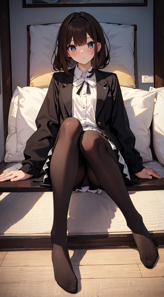 Highest quality, masterpiece, High resolution, (Head to Toe full body), front, frontやや下からの構図, Symmetric, Tall 18 year old girl, alone, (Head to Toe), (Small breasts), Unkempt brown hair, bangs, (black tights), (Black Pantyhose), (Sit with your legs apart), (Crouching pose), (A work depicting white panties), (Her legs were spread、I see your white pants.), (I was made to sit on the floor with my legs spread....), (M-shaped feet), Thin legs, とても美しくTall 18 year old girl, (No shoes), blush, Shy big eyes, Looking into the camera, Blazer Uniform, Checkered Pleated Skirt
