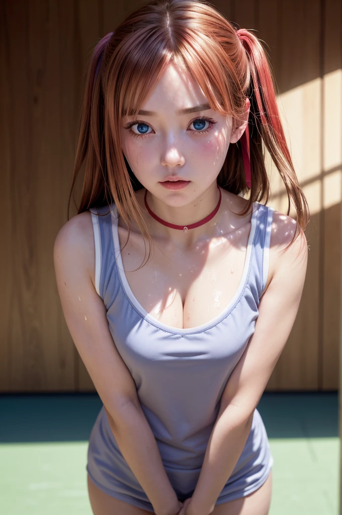 blue eyes, hair ornaments, Hair Ribbon,Show your forehead、Twin tails、 Random color tennis wear, clavicle, Thighs, blush,, Lace choker, short hair,,No bra,,Highly detailed skin, Highly detailed face, (beautiful Fine grain, the girl, Red cheeks), (A girl is standing), The girl is a cute 18-year-old tennis player., (Not wearing a bra, Knee socks、 The girl has a toned figure., Pink tennis wear, Sun visor,, Tennis court, ((I took the photo from the front、The girl contains the whole body)), flowing、Fine grain, Perfect functionality, ( Highest quality, good quality:1.4), Intricate details,Closely、Embarrassed expression、blush、Shining Sweat、Perfect Skin,Sweat is noticeable in the cleavage、、Thighsの汗が目立つ、 Fair skin,Tight waist, Sweating profusely、Sweaty hair、Sweaty clothes、Sweaty、Visible sweat、Sweat-soaked hair、Athlete System、cherry blossoms、Blonde、Silver Hair、Serve Form、Volley Form、Receive form、