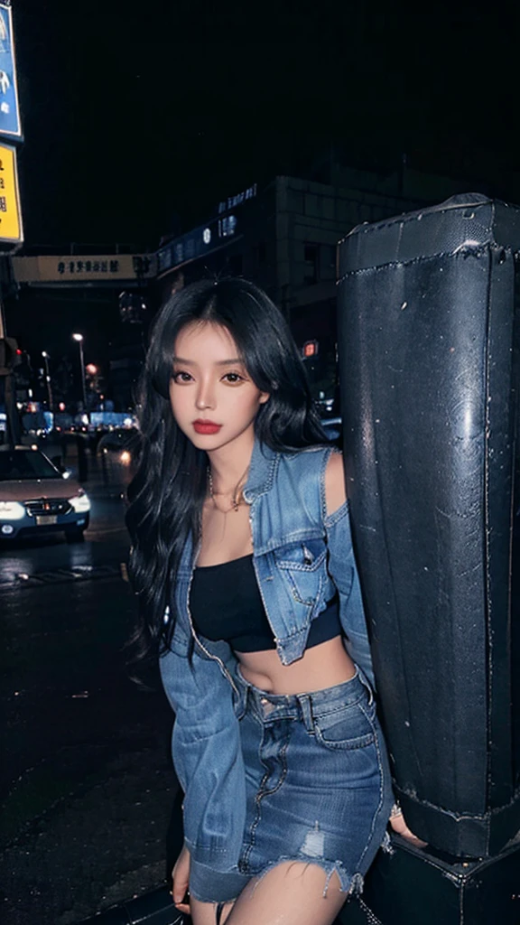 City at night,A woman with a perfect figure wearing a blue denim bomber jacket,Black tube top,Blue denim miniskirt,Black high heels,Close-up shot of posing,Full body close-up,Highly detailed face and skin textures,beautiful legs,Long legs,Detailed eyes,Double eyelids,Full body close-up