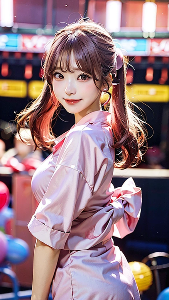 An anime-style illustration of the woman with long pink hair and E-cup breasts, wearing a yukata, participating in a bon dance. She looks joyful and the background is filled with other dancers, lanterns, and a stage with musicians.