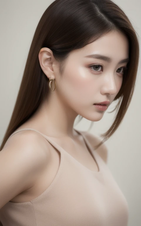 masterpiece, best quality, Solitary, 1 Girl, Bright skin, Hoop Earrings, Glamorous, Peculiar details, Smooth hair, Fascinating, Bare shoulders, Top of crop, trousers, Shallow depth of field, Contrasting, Professional Model, Facing forward, portrait 