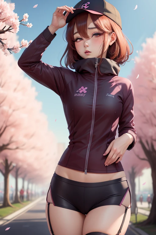 Beautiful and attractive anime woman, 魅惑的なAnime Girls, Top rated on pixiv、Short Bob、spatoving、Athletics、Run a marathon　Highest quality, High resolution,Whimsical, Anime Girls, cherry blossoms, spring, pastel colour, Hand-drawn style, High resolution