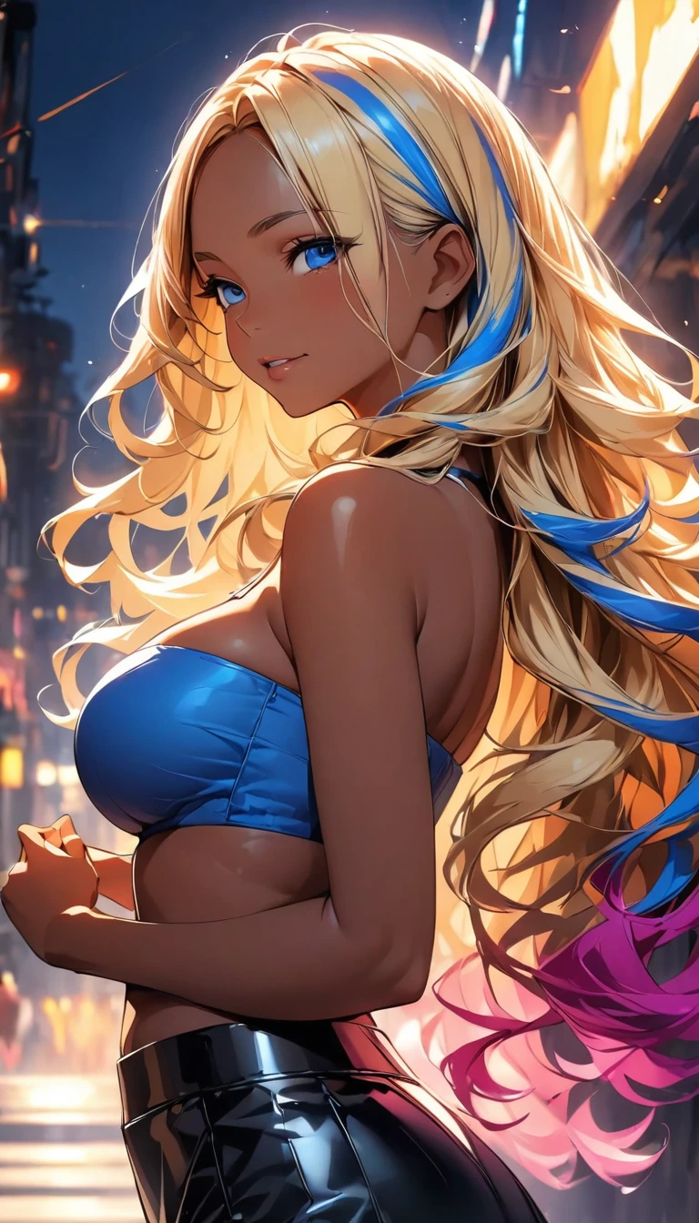 (highest quality:1.2, Very detailed, up to date, Vibrant, Ultra-high resolution, High Contrast, masterpiece:1.2, highest quality, Best aesthetics), Portraiture、girl、slim, Bright colors、Beautiful fine details、Beautiful lip detail、long hair, ((wavy hair:1))、messy hair, blonde and blue ((streaked hair:1.3)), highlights hair: 1.3, midium breast, (tan skin:1.3), 、bandeau top、leather hot pants, cowboy shot, 