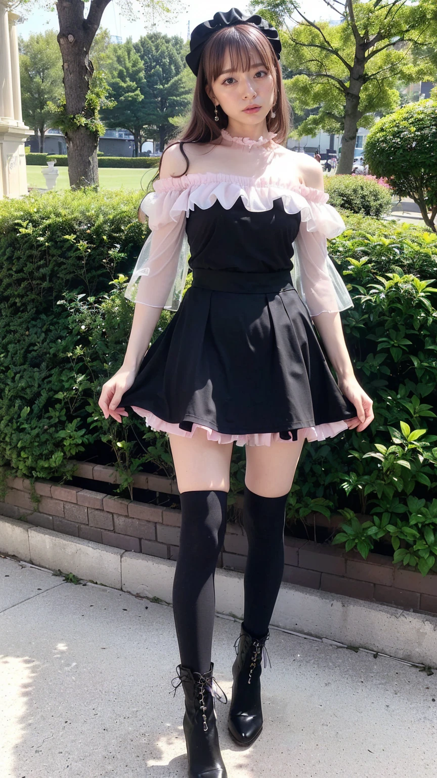(8K、RAW Photos、Highest quality、masterpiece:1.2)、(Highest quality、Realistic)、1 Girl、((Frills、See-through、Off the shoulder、tights、pink and black mini skirt、Thin legs、whole body、boots、garden、View from the front、Looking into the camera、Idol Costume、、Stand with hands on hips))、cute