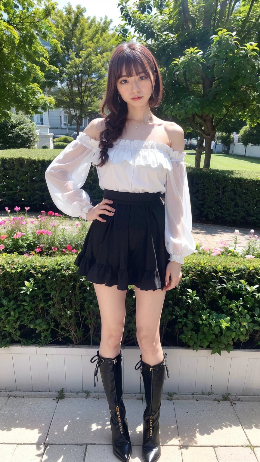 (8K、RAW Photos、Highest quality、masterpiece:1.2)、(Highest quality、Realistic)、1 Girl、((Frills、See-through、Off the shoulder、tights、pink and black mini skirt、Thin legs、whole body、boots、garden、View from the front、Looking into the camera、Idol Costume、、Stand with hands on hips))、cute
