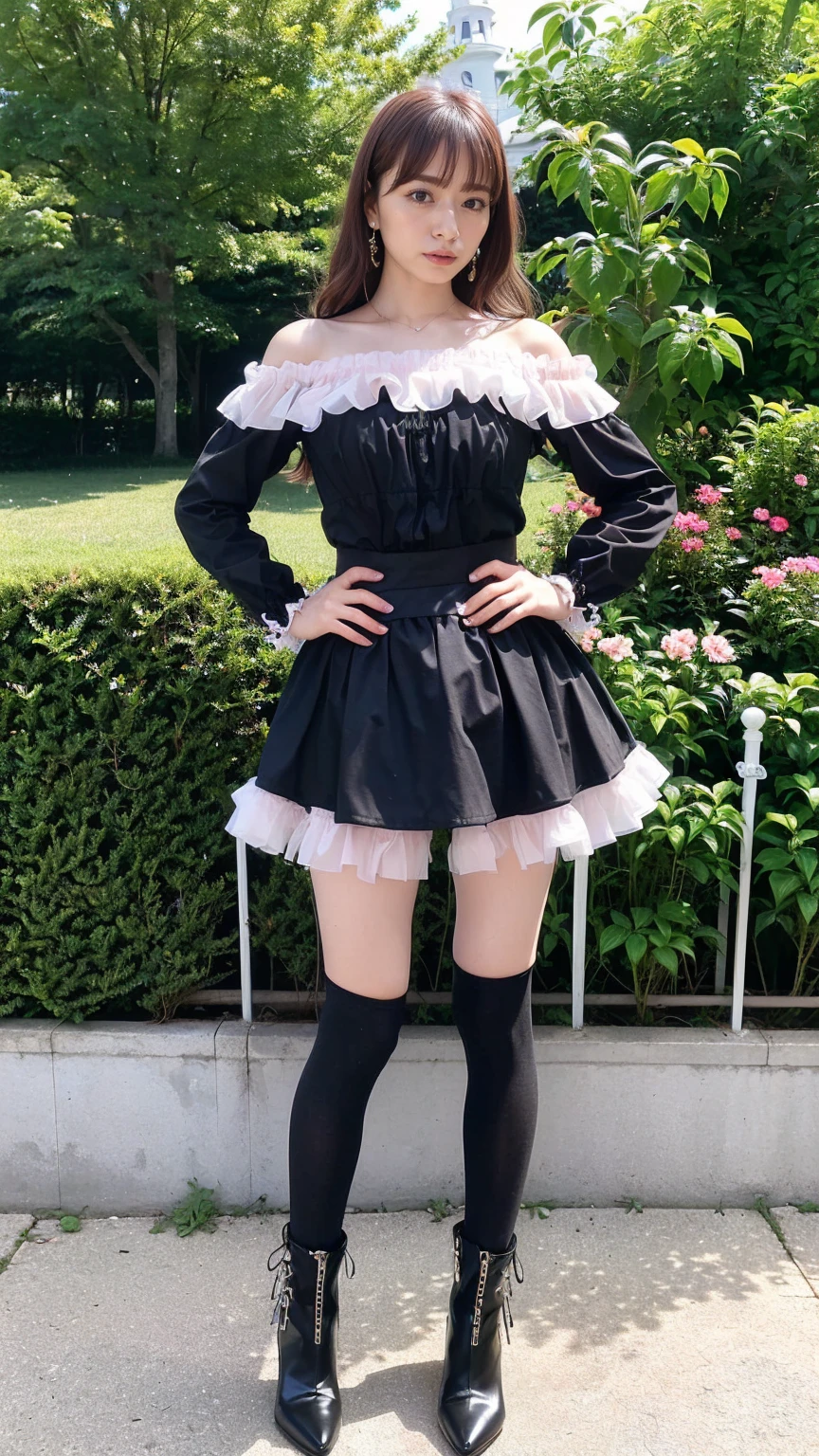 (8K、RAW Photos、Highest quality、masterpiece:1.2)、(Highest quality、Realistic)、1 Girl、((Frills、See-through、Off the shoulder、tights、pink and black mini skirt、Thin legs、whole body、boots、garden、View from the front、Looking into the camera、Idol Costume、、Stand with hands on hips))、cute