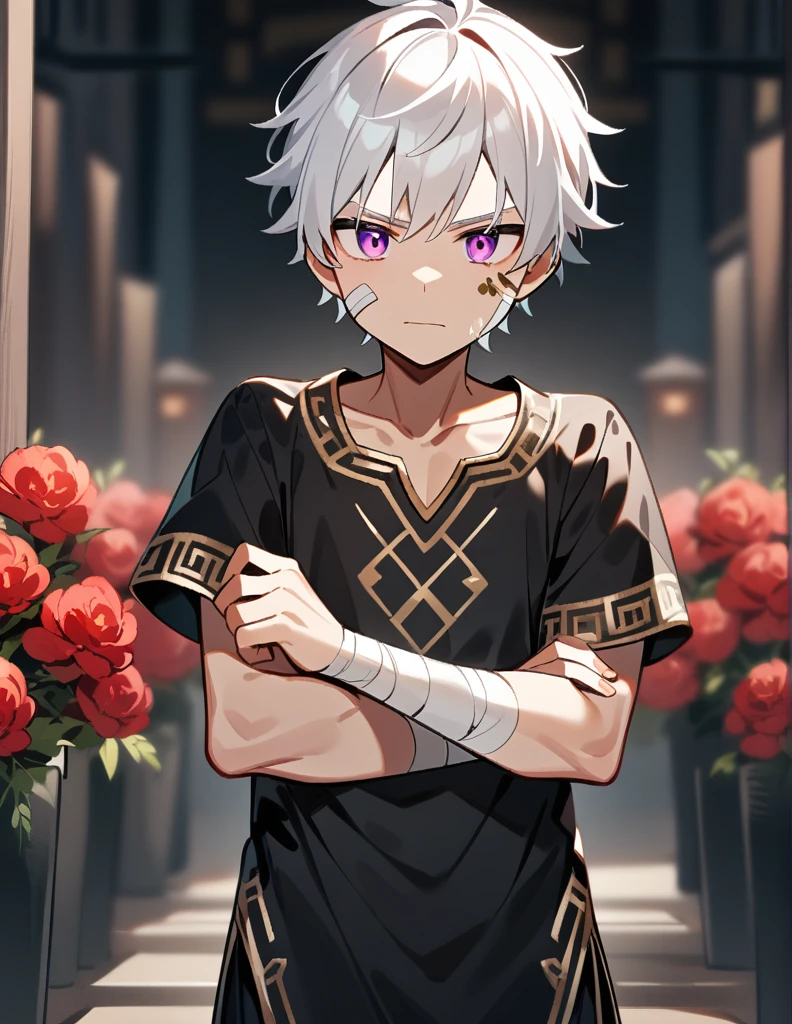 small Greek boy with white hair, violet eyes, wearing an all-black Greek shirt with small gold details, with bandages on his cheek and arm, standing with a flushed look, with a red garden in a blurred background