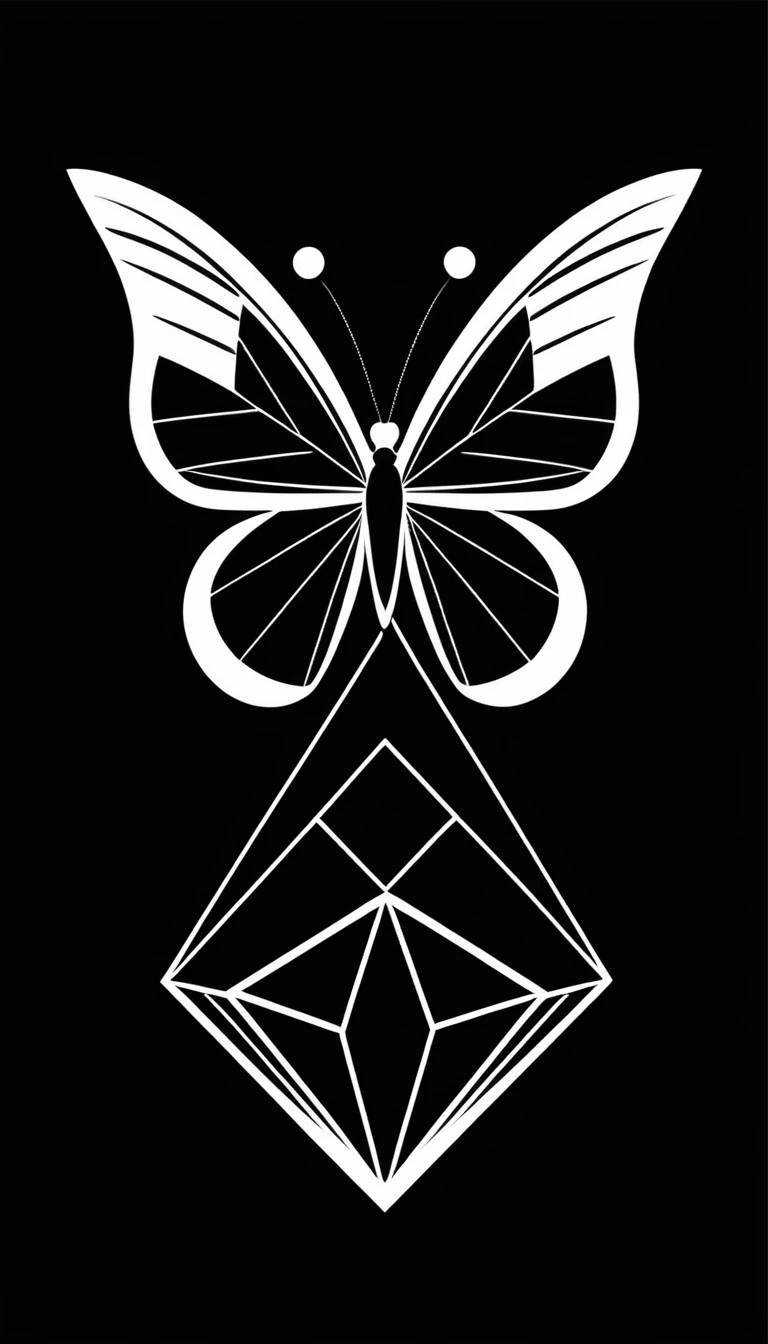 Basic logo black and white of a diamond in form of butterfly, geometric, modern, like a vector, minimalistc