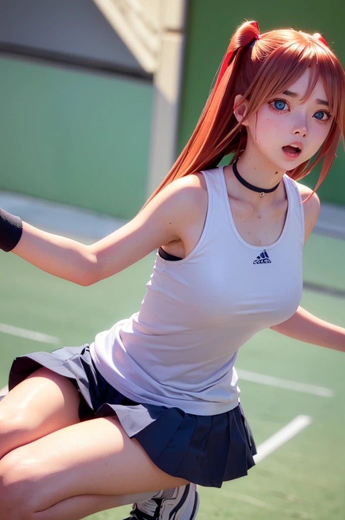 blue eyes, hair ornaments, Hair Ribbon,Show your forehead、Twin tails、 Random color tennis wear, clavicle, Thighs, blush,, Lace choker, short hair,,No bra,,Highly detailed skin, Highly detailed face, (beautiful Fine grain, the girl, Red cheeks), (A girl is standing), The girl is a cute 18-year-old tennis player., (Not wearing a bra, Knee socks、 The girl has a toned figure., Pink tennis wear, Sun visor,, Tennis court, ((I took the photo from the front、The girl contains the whole body)), flowing、Fine grain, Perfect functionality, ( Highest quality, good quality:1.4), Intricate details,Closely、Embarrassed expression、blush、Shining Sweat、Perfect Skin,Sweat is noticeable in the cleavage、、Thighsの汗が目立つ、 Fair skin,Tight waist, Sweating profusely、Sweaty hair、Sweaty clothes、Sweaty、Visible sweat、Sweat-soaked hair、Athlete System、cherry blossoms、Blonde、Silver Hair、Serve Form、Volley Form、Receive form、