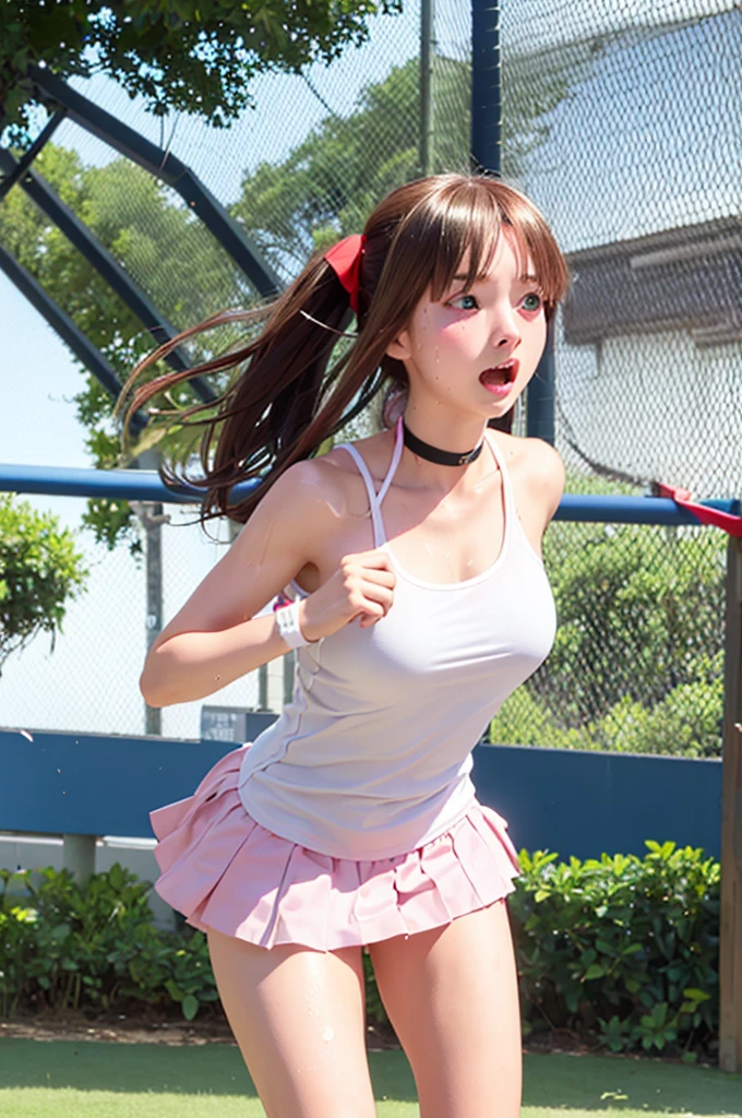 blue eyes, hair ornaments, Hair Ribbon,Show your forehead、Twin tails、 Random color tennis wear, clavicle, Thighs, blush,, Lace choker, short hair,,No bra,,Highly detailed skin, Highly detailed face, (beautiful Fine grain, the girl, Red cheeks), (A girl is standing), The girl is a cute 18-year-old tennis player., (Not wearing a bra, Knee socks、 The girl has a toned figure., Pink tennis wear, Sun visor,, Tennis court, ((I took the photo from the front、The girl contains the whole body)), flowing、Fine grain, Perfect functionality, ( Highest quality, good quality:1.4), Intricate details,Closely、Embarrassed expression、blush、Shining Sweat、Perfect Skin,Sweat is noticeable in the cleavage、、Thighsの汗が目立つ、 Fair skin,Tight waist, Sweating profusely、Sweaty hair、Sweaty clothes、Sweaty、Visible sweat、Sweat-soaked hair、Athlete System、cherry blossoms、Blonde、Silver Hair、Serve Form、Volley Form、Receive form、