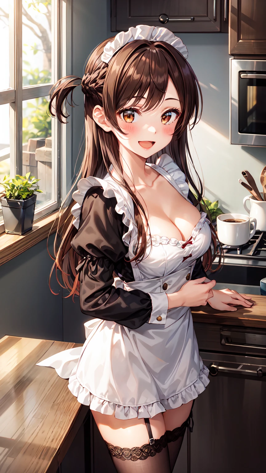 Masterpiece ,best quality , high resolution , (1 girl solo:1.38) , (chizuru ichinose, long hair, bangs, brown hair, (brown eyes:1.2), one side up) , (cleavage:1.2) , (medium breast:1.28) , (wear maid miniskirt , maid head band , sleeves , stockings ) , (cleavage:1.15) , (big breast:1.1) , (face view , back view , look at view) , (indoor, in kitchen , night , moonlight , windows , coffee on table ) , (standing , thighs ) , (cowboy_shot) , ( smile , open mouth , full face blush , shy )