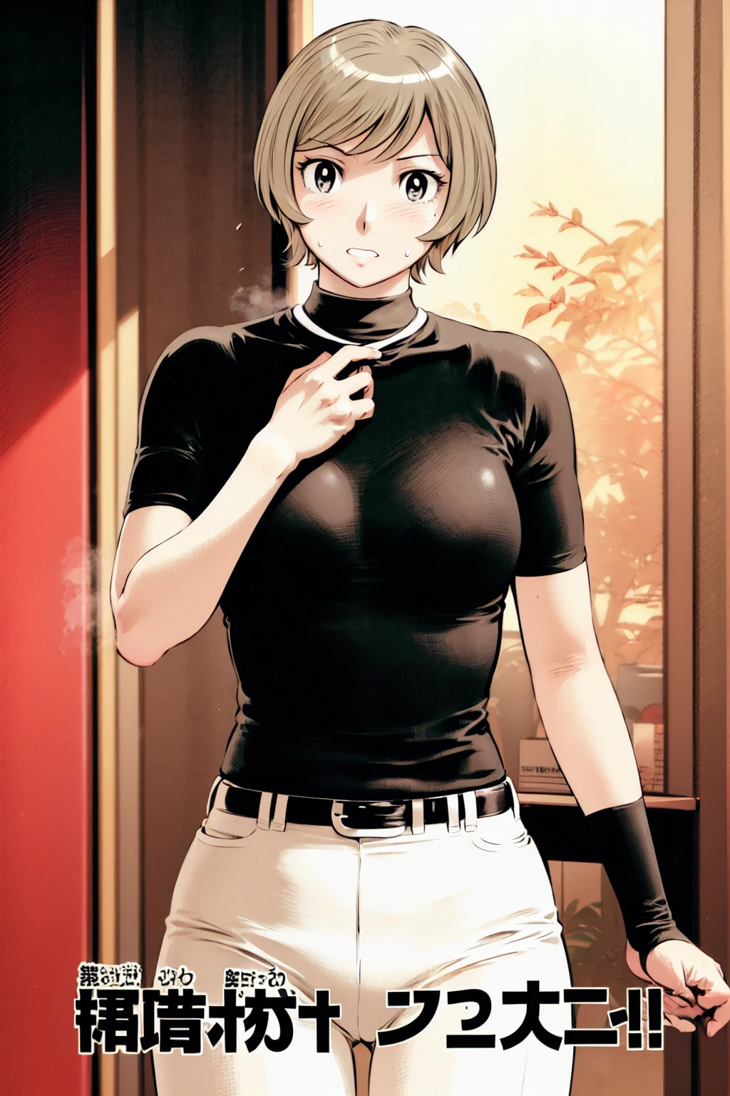 、(masterpiece、Highest quality)、Highest quality, Ultra-high resolution, (((masterpiece))), alone, Sweat、Big eyes,Tight black shirt、Tight white pants、belt、indoor、Composition from the front、(Cut the back hair short、short hair、blonde、woman)、Shortcuts、Embarrassed face、Cut your hair short、可愛いwomanの子、Big Breasts、office