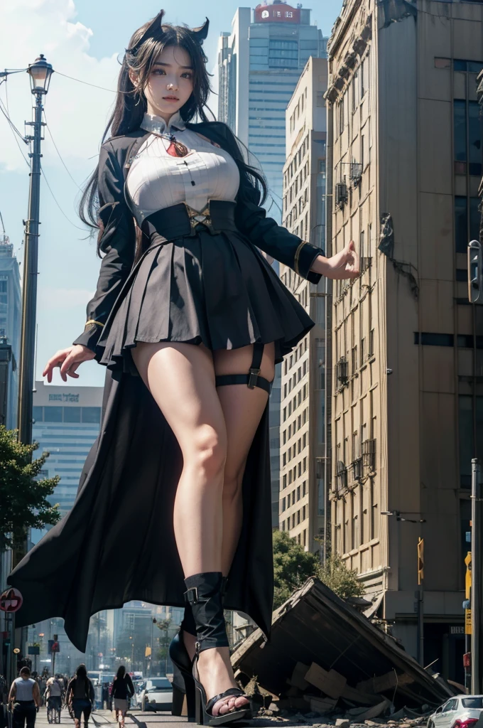 The building collapses、Urban hustle and bustle、Traffic jam、City of Rubble、street tree、((((Azur Lane Cheshire Cosplay))))、Maid clothes、Super huge breasts、Plump thighs、Ground View，City of Giants,500 foot tall giant girl，skyscraper,Has super long legs,Step into the crowd，There are many people on the street,Knee-high socks，She has waist-length black hair，Wear Mary Jane heels，A happy look，Standing on the ruins，Beautiful appearance，Exquisite makeup，quality，8K，高quality，Perfect Proportions, Cinema Lighting，Film Grain，The Colors of Fuji，8K，Textured skin，Super Detail，High detail，high quality，High resolution，explode，False Smile,Show your pants