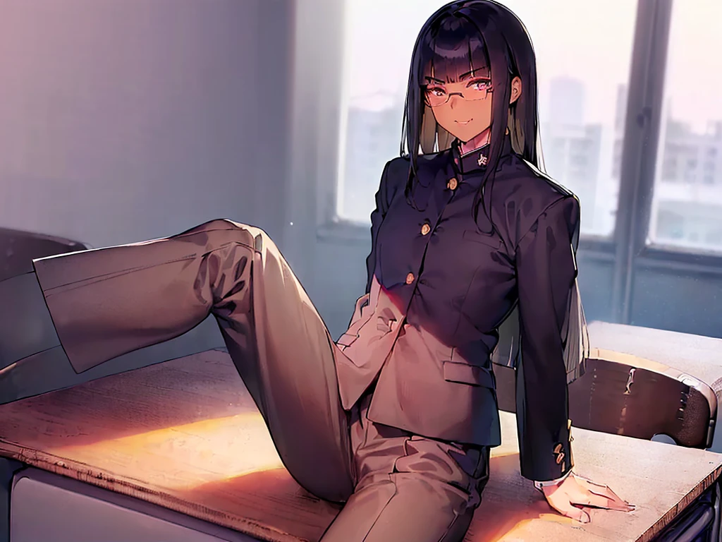(1 girl solo),(dark skin:1.5),(masterpiece:1.2), highest quality, High resolution, unity 8k wallpaper, (fine and beautiful eyes:1.6), highly detailed face, perfect lighting, Detailed CG, (perfect hands, perfect anatomy),20 years old, (black hair:1.3), detailed eyes, best quality, extremely detailed, very precise detailed, (glasses:1.4), , (straight hair:1.5), (evil smile:1.4) ,long sidelocks, (blush:1.3),(gakuran,long pants:1.5),(short Bobbed hair:1.4),(blunt bangs:1.4), (greaming skin:1.3),(in class room:1.3),(sit on desk:1.4),(spread legs:1.4),(flat chest:1.3),(open dakuran:1.4),(shirt under gakuran:1.4)