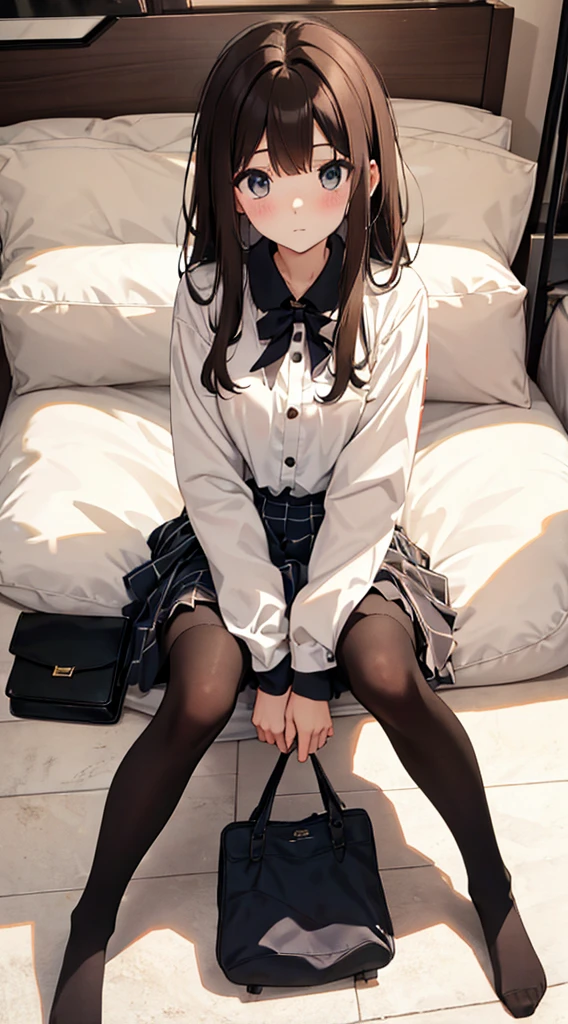 Highest quality, masterpiece, High resolution, (Head to Toe full body), front, frontやや下からの構図, Symmetric, Tall 18 year old girl, alone, (Head to Toe), (Small breasts), Unkempt brown hair, bangs, (black tights), (Black Pantyhose), (Sit with your legs apart), (Crouching pose), (A work depicting white panties), (Her legs were spread、I see your white pants.), (I was made to sit on the floor with my legs spread....), (M-shaped feet), Thin legs, とても美しくTall 18 year old girl, (No shoes), blush, Shy big eyes, Looking into the camera, Blazer Uniform, Checkered Pleated Skirt