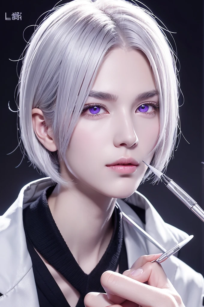 Gentle boy handsome
slender
slender
Silver hair
Purple eyes
Cyber lab
Laboratory of the dark future
white coat
Chewing on a pen
Bite a ballpoint pen with your teeth.
Thinking
Cartoon style illustration
