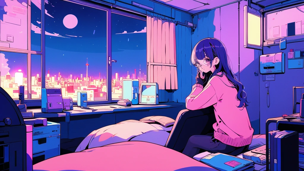 (from behind), Anime girl sitting in front of a computer in a cozy bedroom, Girl listening to music while studying in a cozy room (night), round glasses, Using headphones, on the roof, (beautiful night views from windows), lots of things, 2D anime style, The aesthetics of anime in the 90s, lo-fi, long hair, very detailed, Hard disk, A mix of anime style and Fujifilm, surreal, 8K, masterpiece, violet eyes,black gloves, round glasses, long sleeves,violet hair, Flat Chest, smile, pantyhose